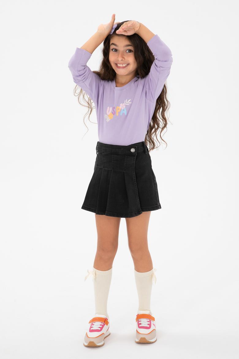 Kız Çocuk Lila Bisiklet Yaka Çiçek Baskılı Uzun Kol Tişört - 50313080001