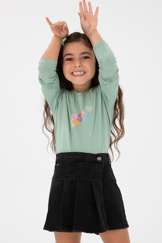 Kız Çocuk Su Yeşili Bisiklet Yaka Çiçek Baskılı Uzun Kol Tişört