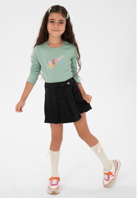 Kız Çocuk Su Yeşili Bisiklet Yaka Çiçek Baskılı Uzun Kol Tişört - 50313080017