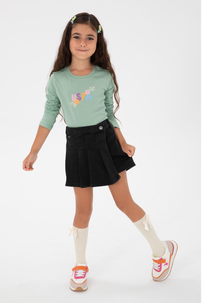 Kız Çocuk Su Yeşili Bisiklet Yaka Çiçek Baskılı Uzun Kol Tişört - 50313080017