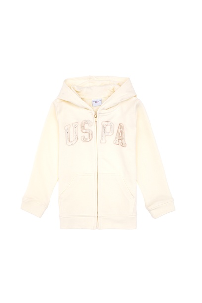 Kız Çocuk Krem Payet İşlemeli Kapüşonlu Basic Sweatshirt