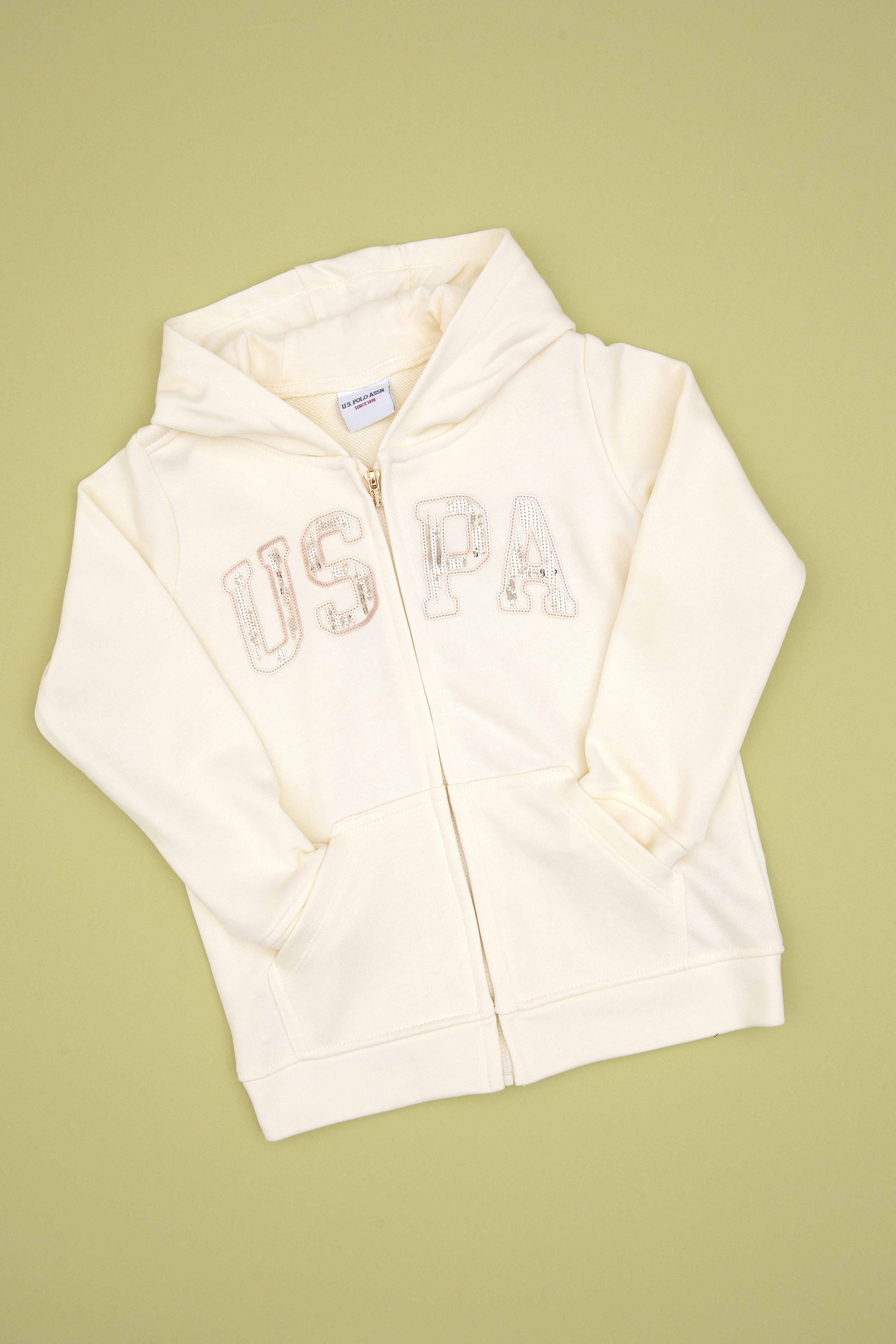 Kız Çocuk Krem Payet İşlemeli Kapüşonlu Basic Sweatshirt - Image 1