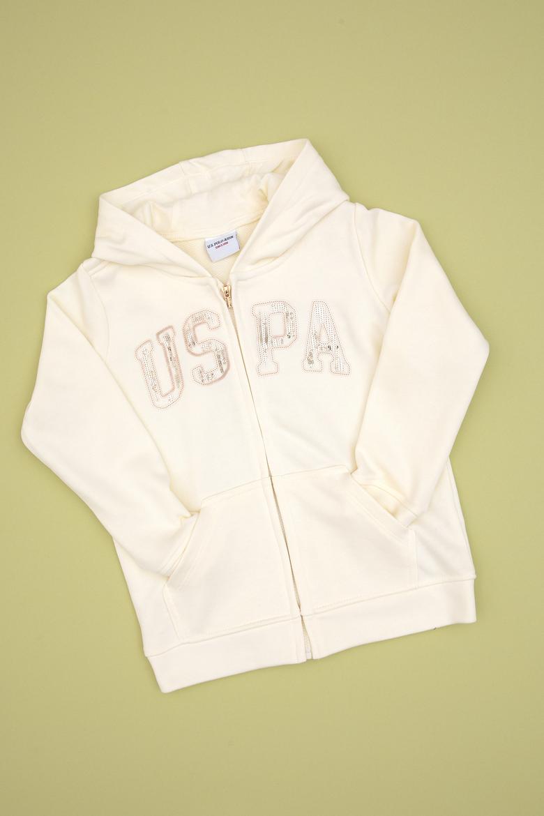 Kız Çocuk Krem Payet İşlemeli Kapüşonlu Basic Sweatshirt