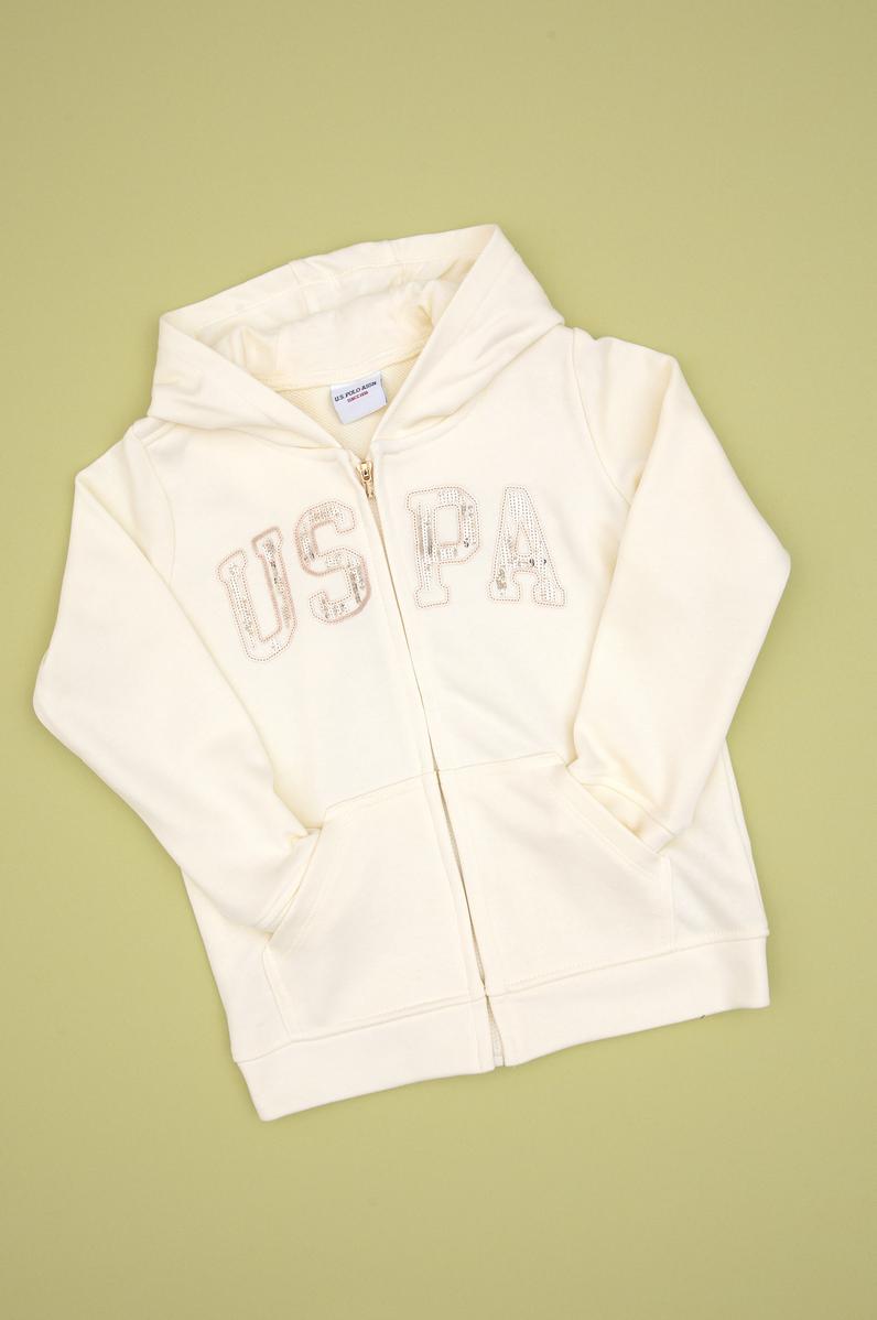 Kız Çocuk Krem Payet İşlemeli Kapüşonlu Basic Sweatshirt