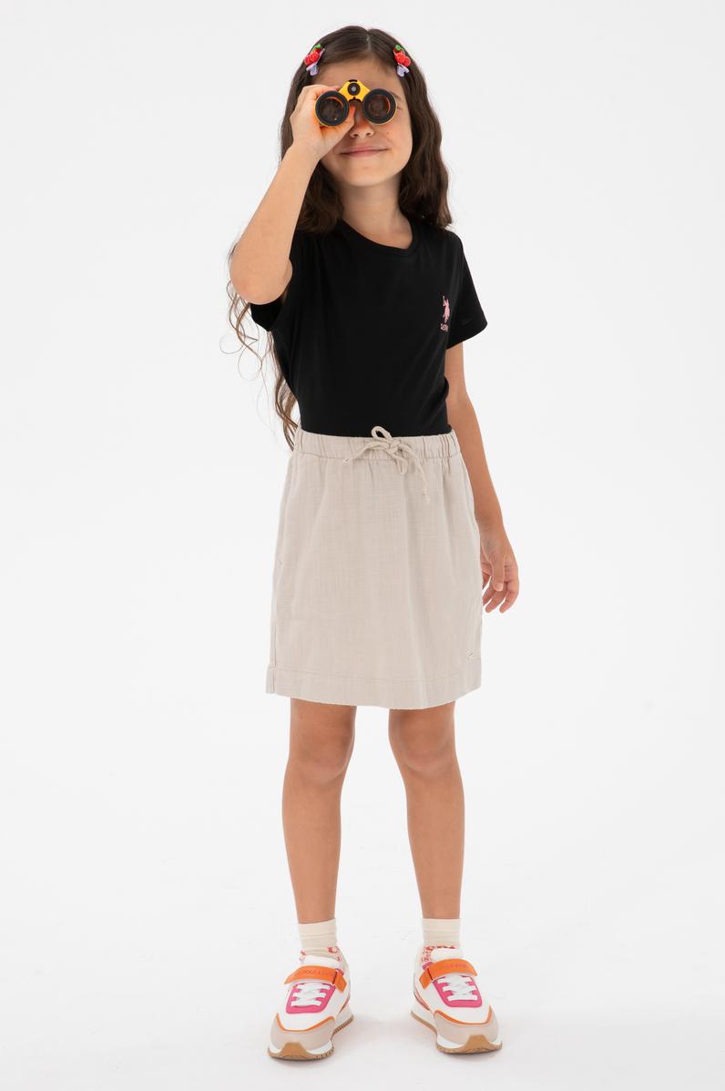 Kız Çocuk Bej Keten Karışımlı Dokuma Etek