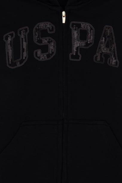 Kız Çocuk Siyah Payet İşlemeli Kapüşonlu Basic Sweatshirt