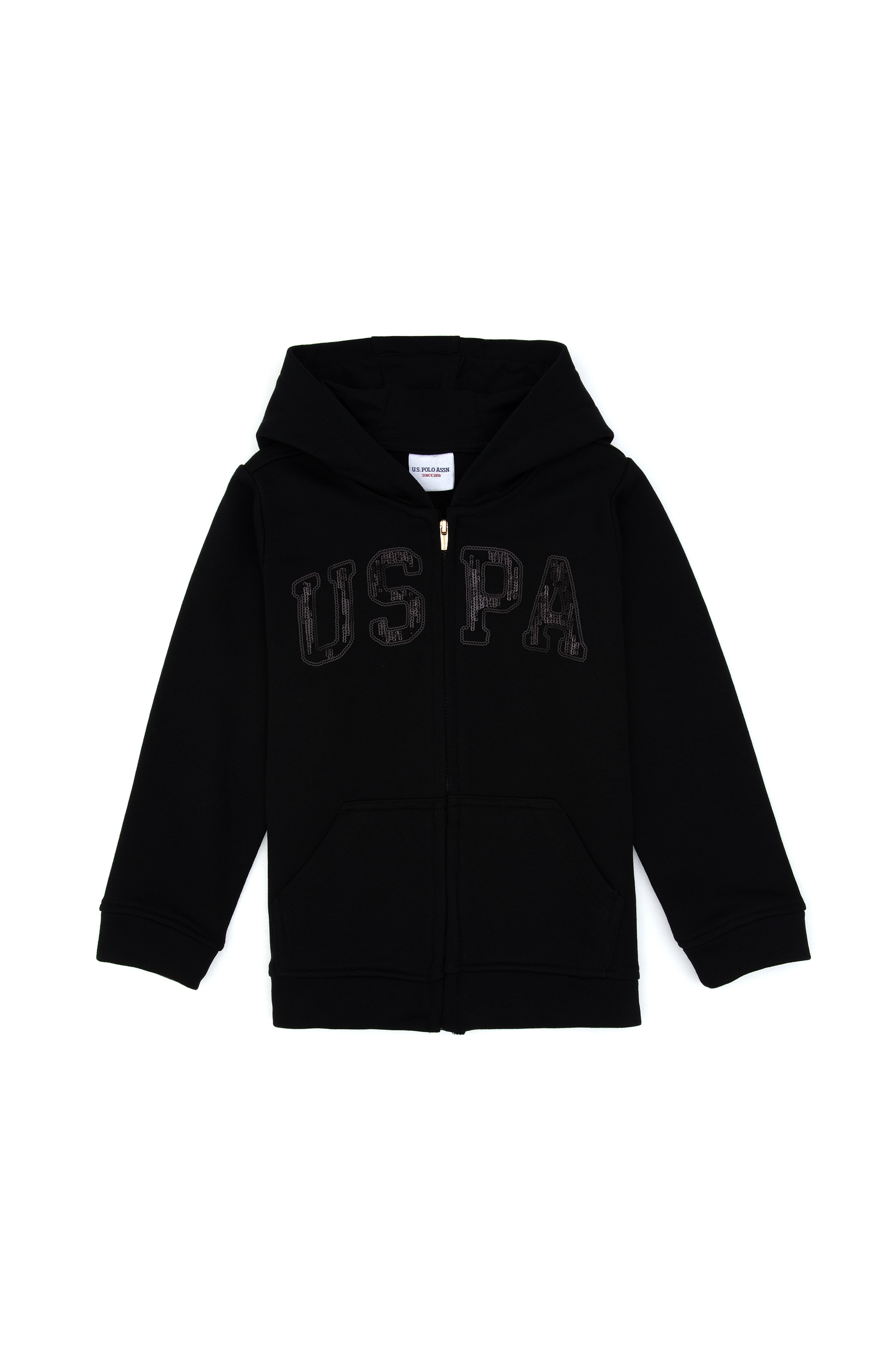 Kız Çocuk Siyah Payet İşlemeli Kapüşonlu Basic Sweatshirt - Image 1