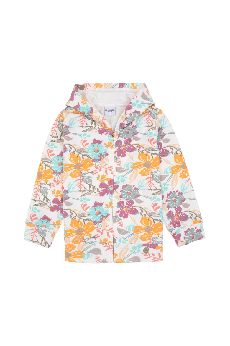 Kız Çocuk Krem Çiçek Baskılı Kapüşonlu Fermuarlı Sweatshirt - 50314285015