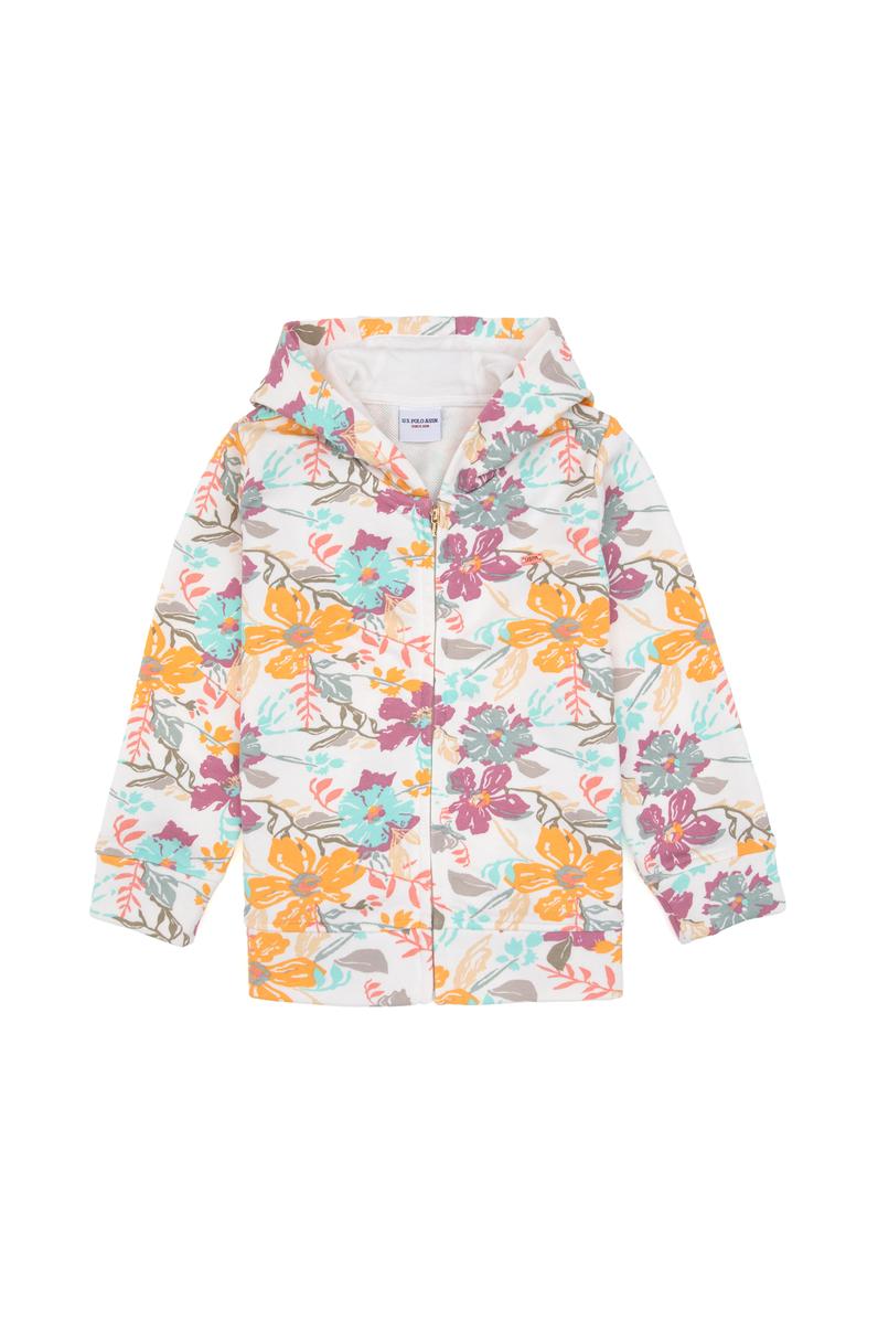 Kız Çocuk Krem Çiçek Baskılı Kapüşonlu Fermuarlı Sweatshirt