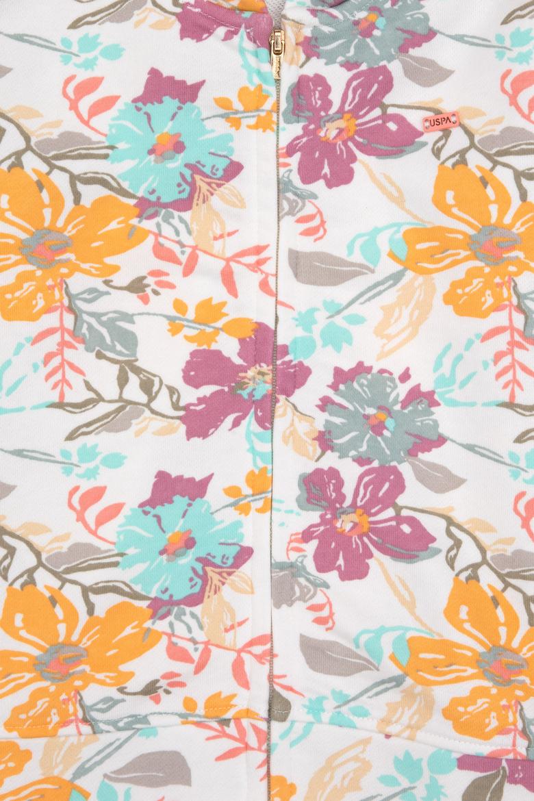 Kız Çocuk Krem Çiçek Baskılı Kapüşonlu Fermuarlı Sweatshirt - 50314285015