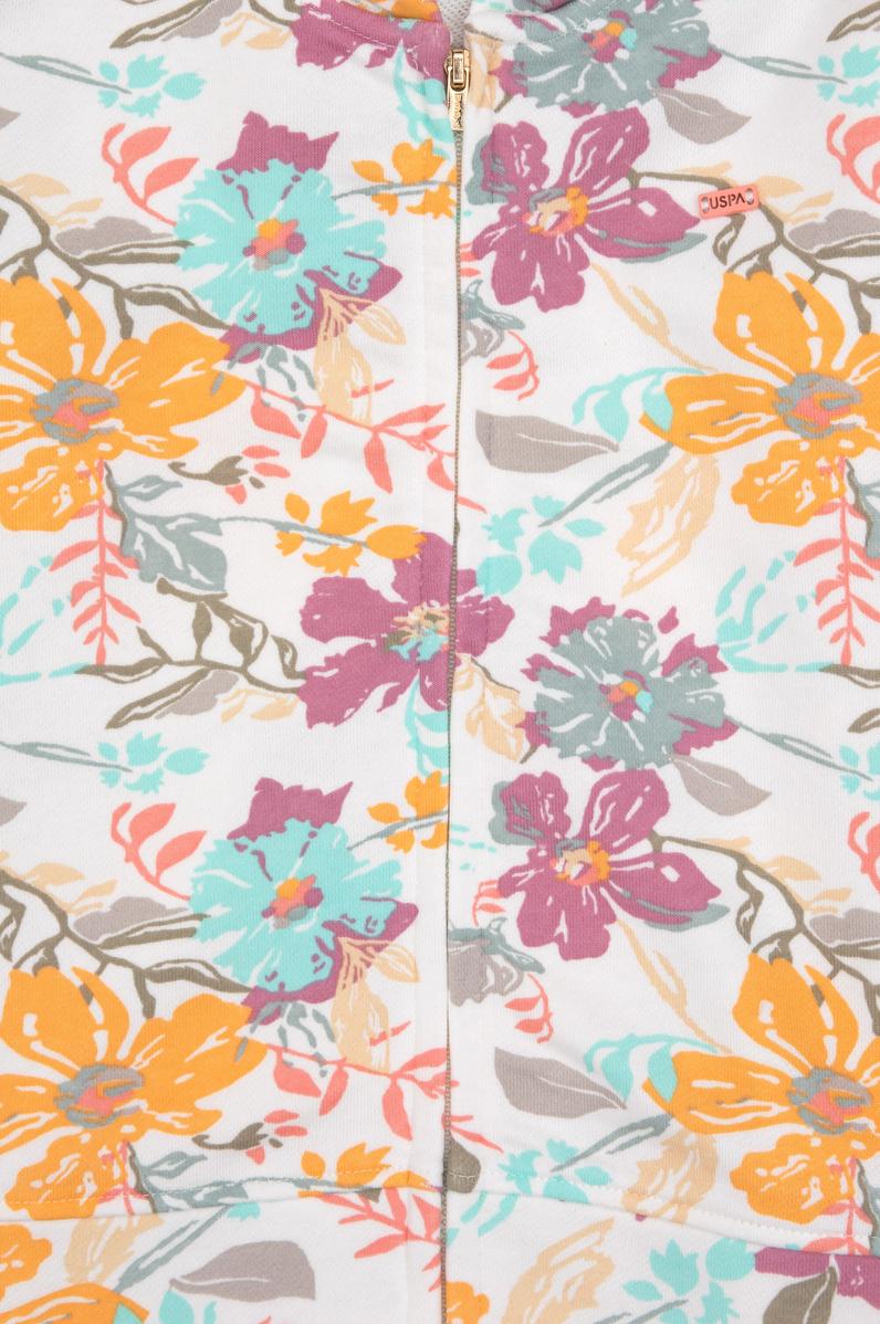 Kız Çocuk Krem Çiçek Baskılı Kapüşonlu Fermuarlı Sweatshirt