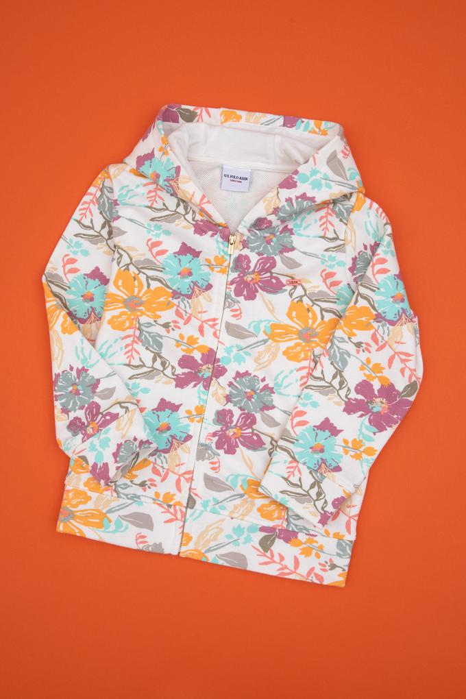 Kız Çocuk Krem Çiçek Baskılı Kapüşonlu Fermuarlı Sweatshirt