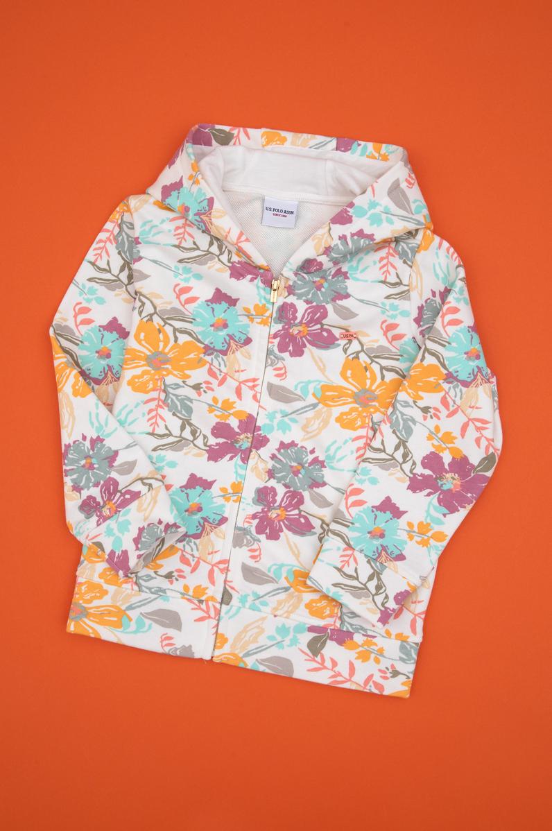 Kız Çocuk Krem Çiçek Baskılı Kapüşonlu Fermuarlı Sweatshirt