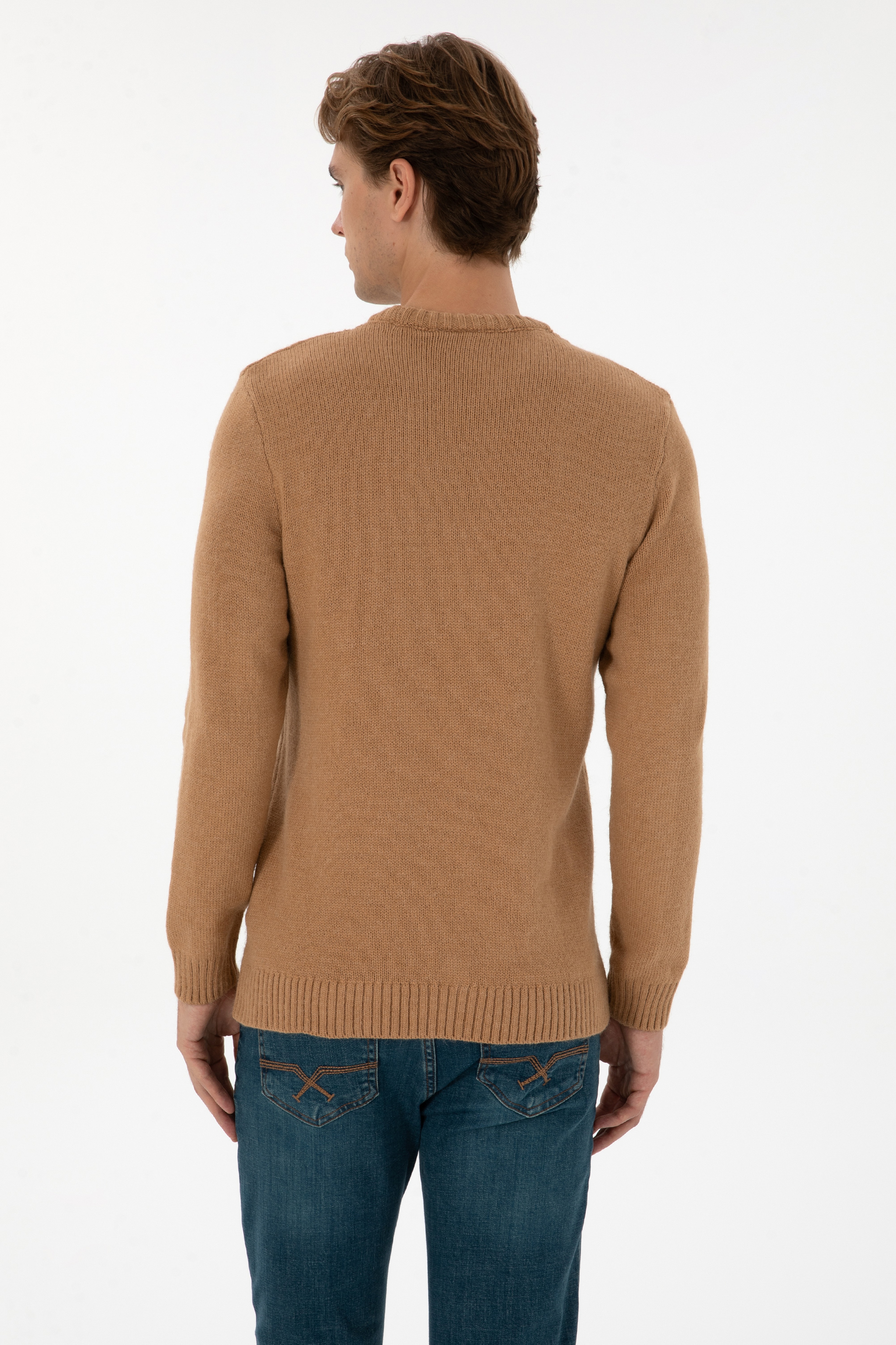Erkek Regular Fit Bisiklet Yaka Camel Kazak