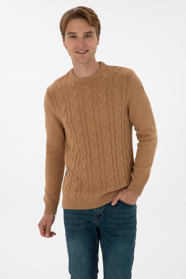 Erkek Regular Fit Bisiklet Yaka Camel Kazak