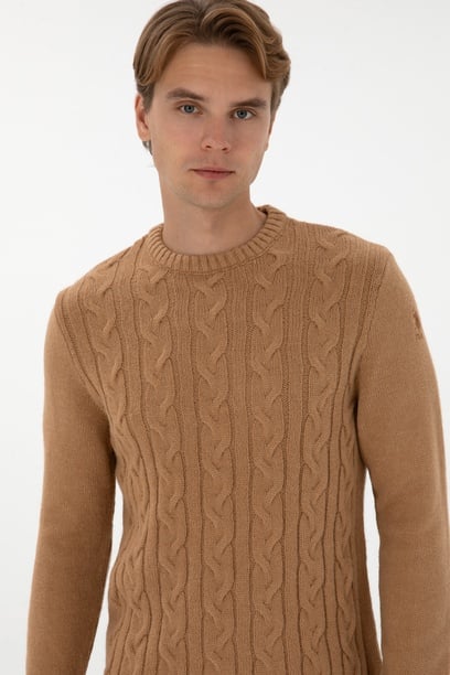 Erkek Regular Fit Bisiklet Yaka Camel Kazak
