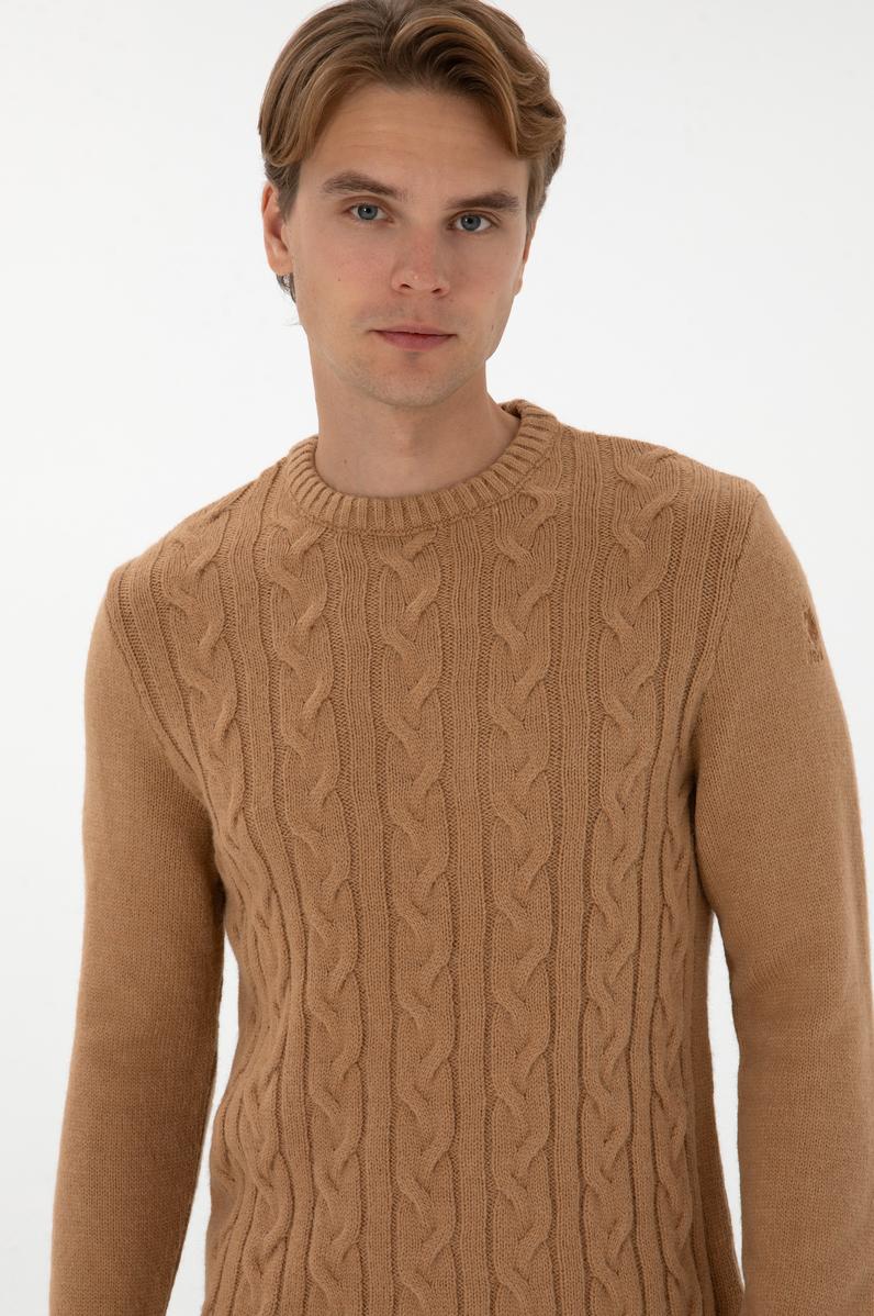 Erkek Regular Fit Bisiklet Yaka Camel Kazak