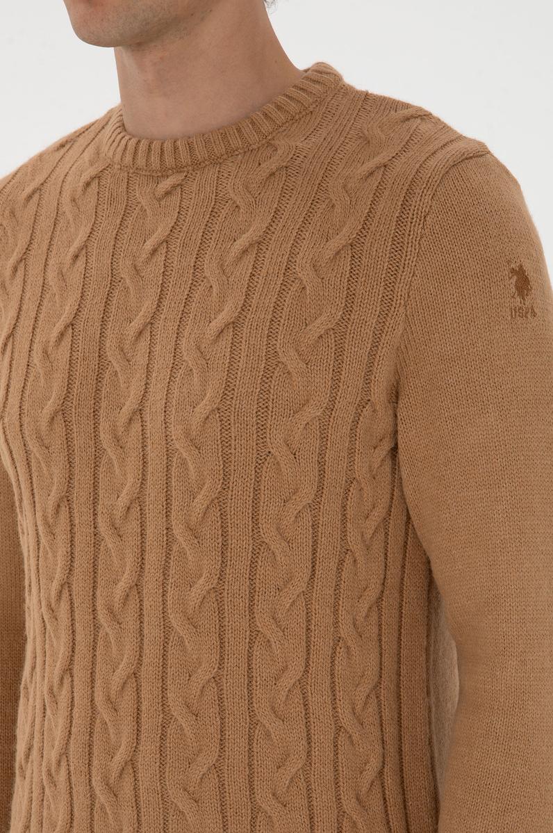 Erkek Regular Fit Bisiklet Yaka Camel Kazak