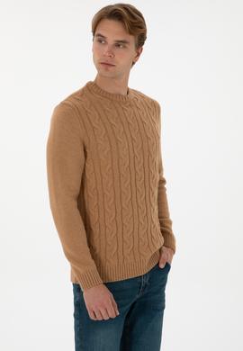 Erkek Regular Fit Bisiklet Yaka Camel Kazak - 50307884026