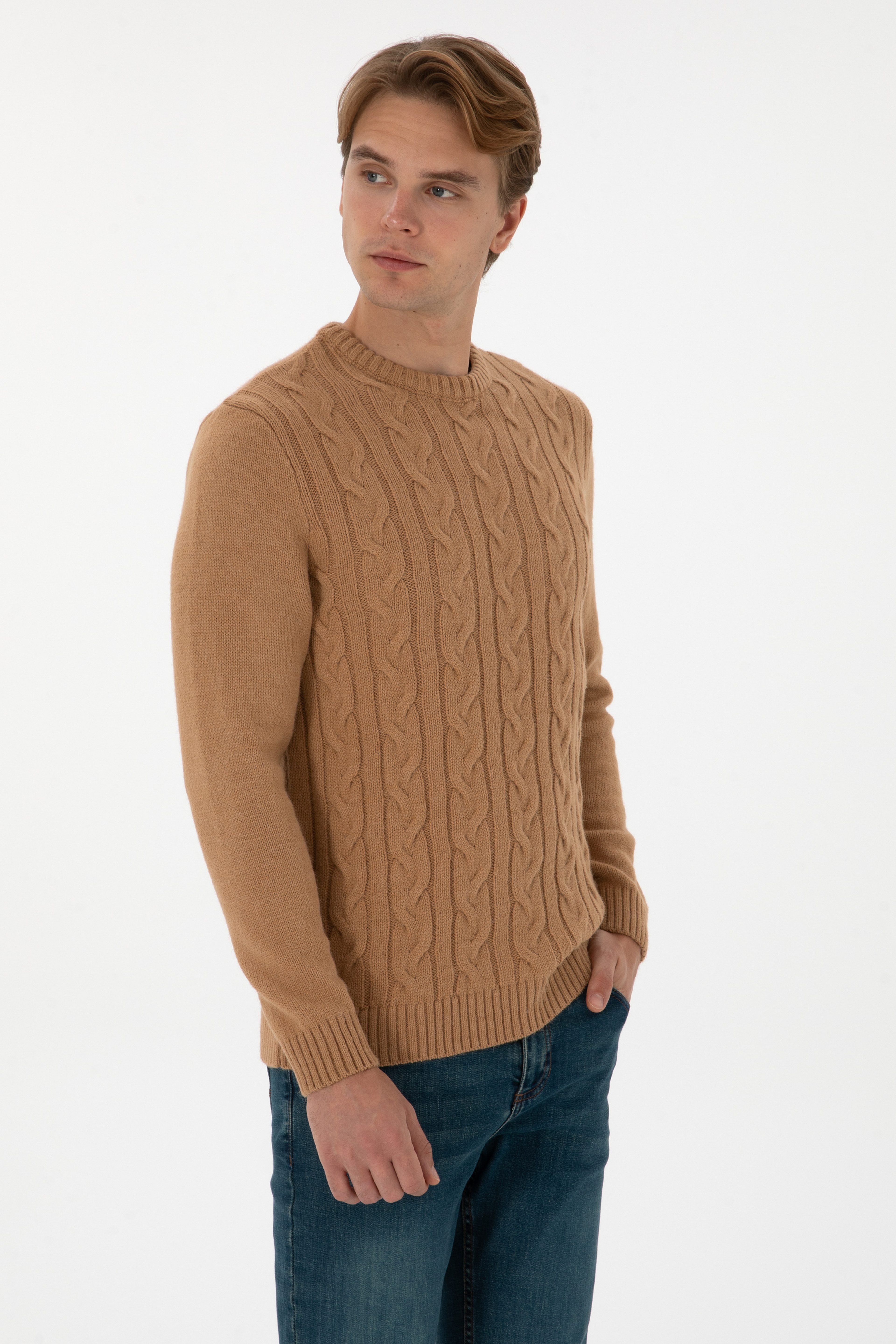Erkek Regular Fit Bisiklet Yaka Camel Kazak - Image 3