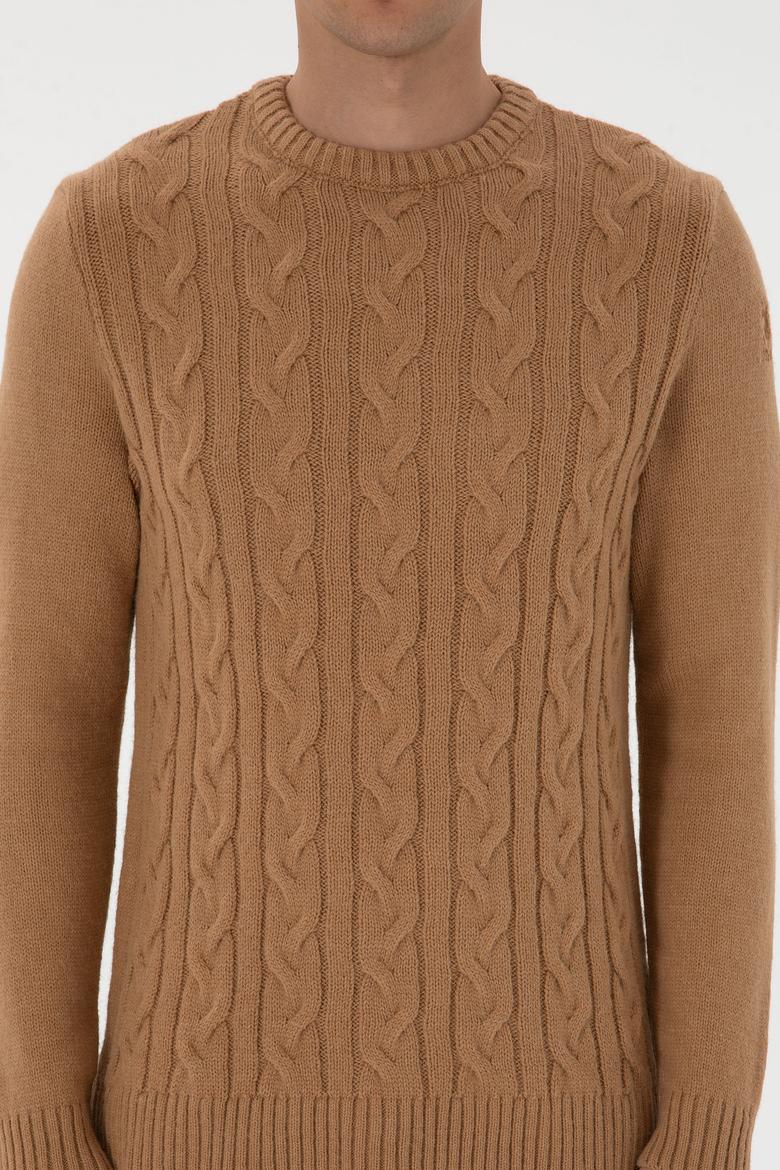 Erkek Regular Fit Bisiklet Yaka Camel Kazak - 50307884026