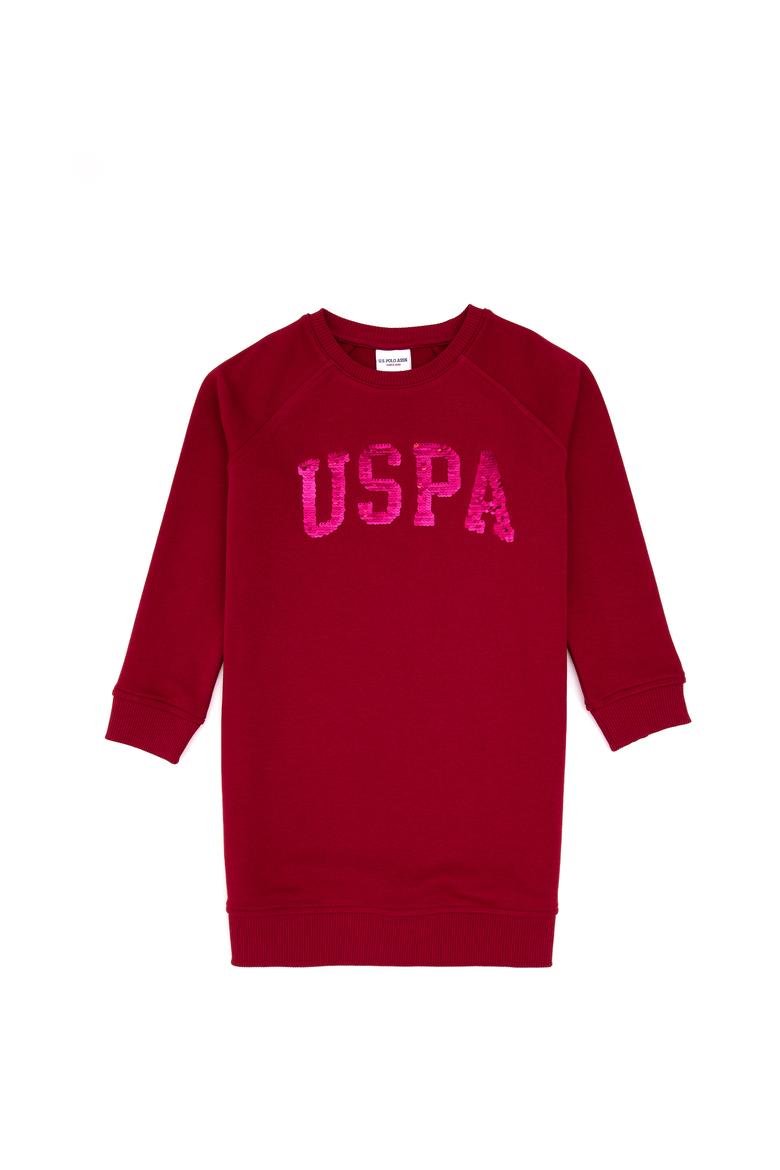 Kız Çocuk Koyu Frambuaz Payet Detaylı Bisiklet Yaka Sweat Örme Elbise - 50314313024