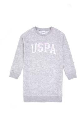 Kız Çocuk Açık Gri Melanj Payet Detaylı Bisiklet Yaka Sweat Örme Elbise - 50314313058