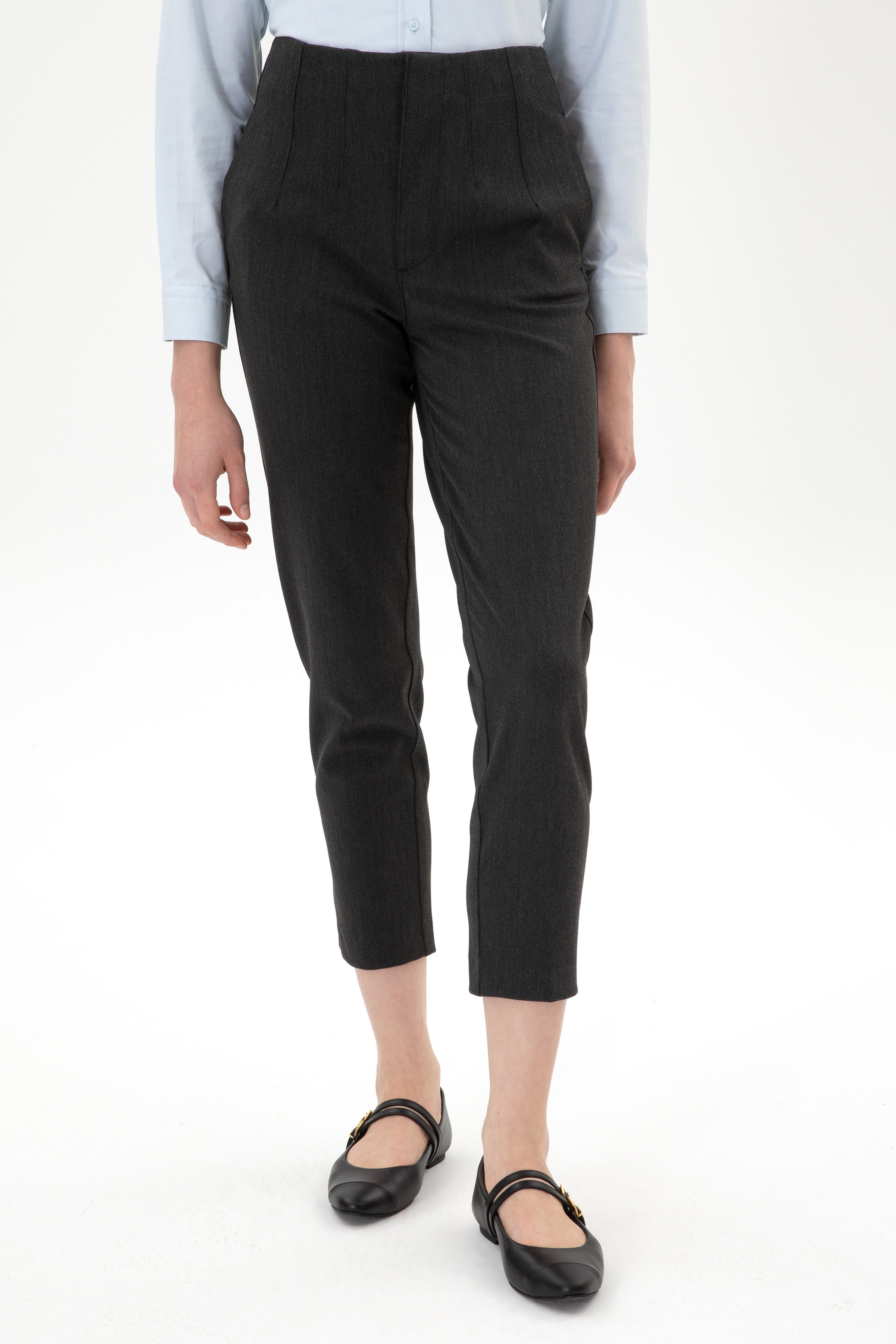 Kadın Gri Carrot High Waist Fit Kanvas Pantolon - Image 2