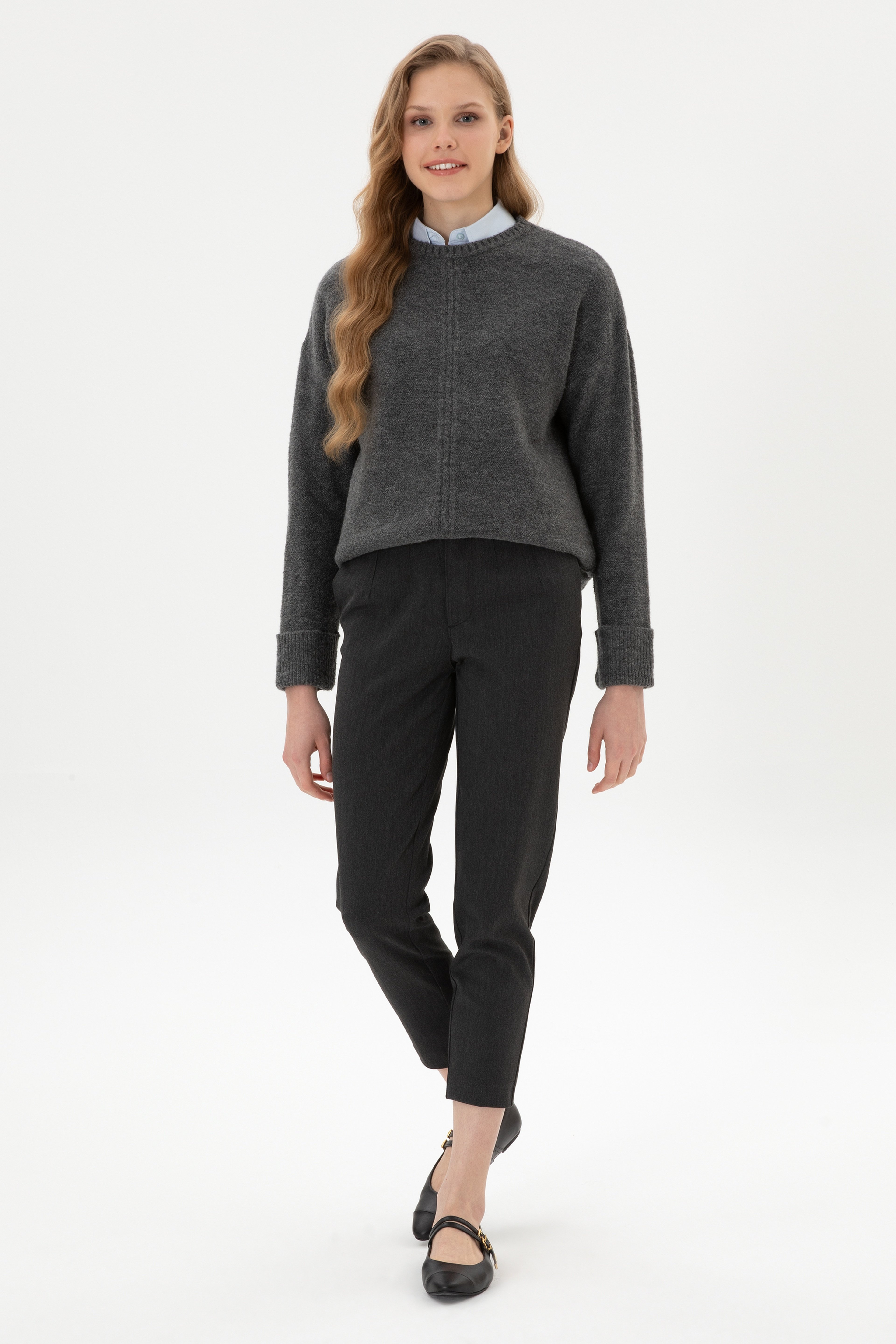 Kadın Gri Carrot High Waist Fit Kanvas Pantolon - Image 3