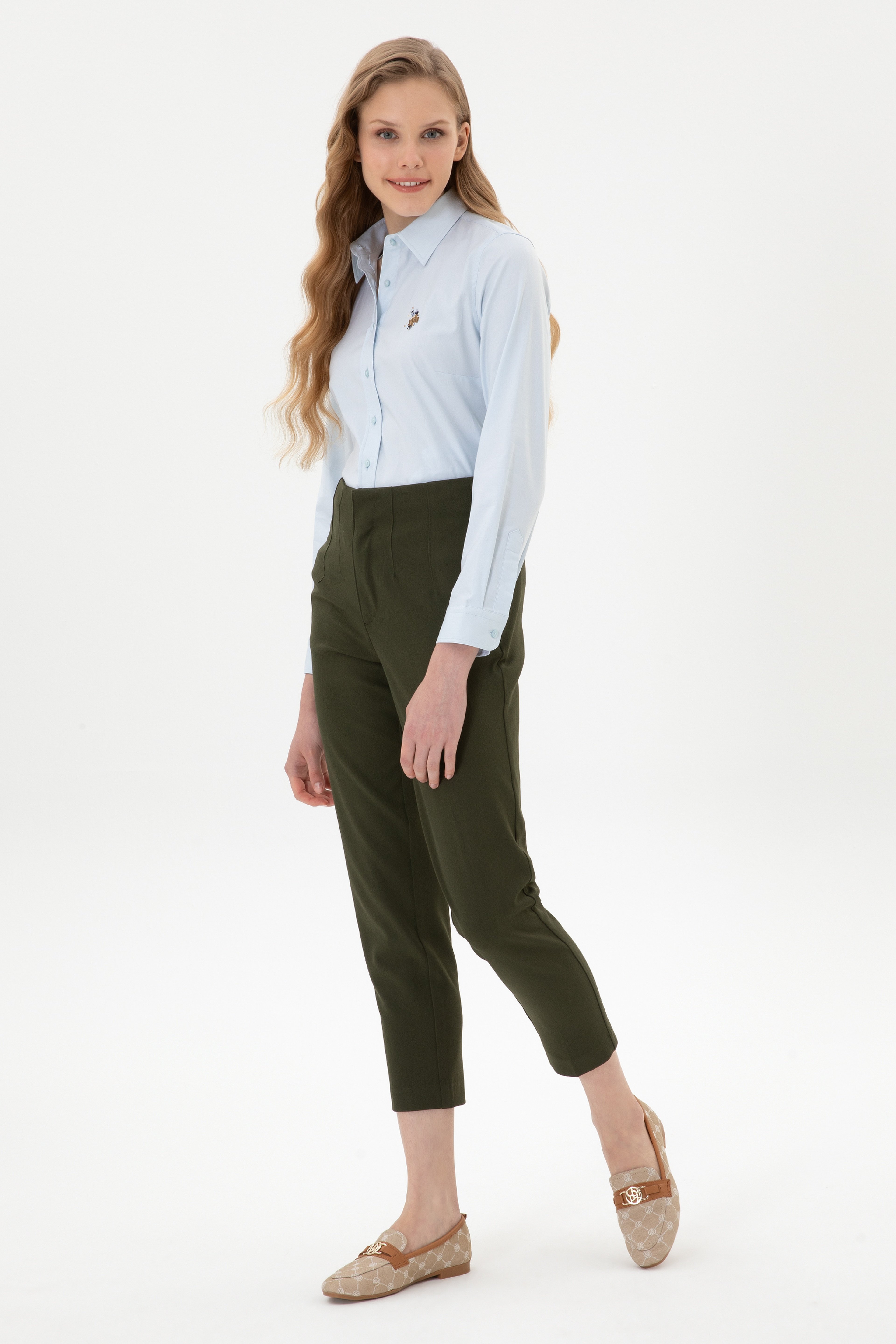 Kadın Haki Carrot High Waist Fit Kanvas Pantolon