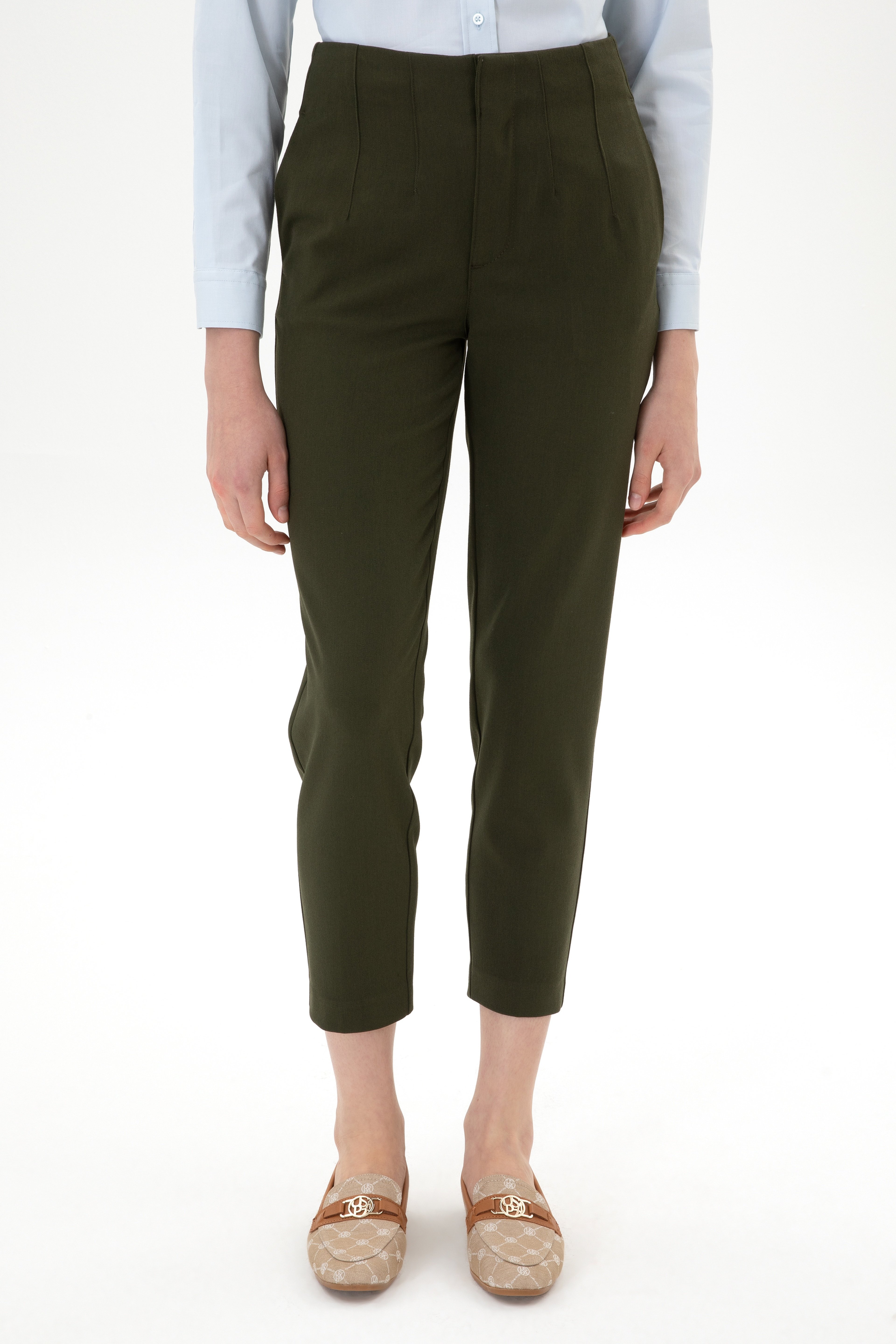 Kadın Haki Carrot High Waist Fit Kanvas Pantolon - Image 2