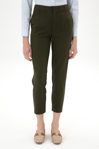 Kadın Haki Carrot High Waist Fit Kanvas Pantolon