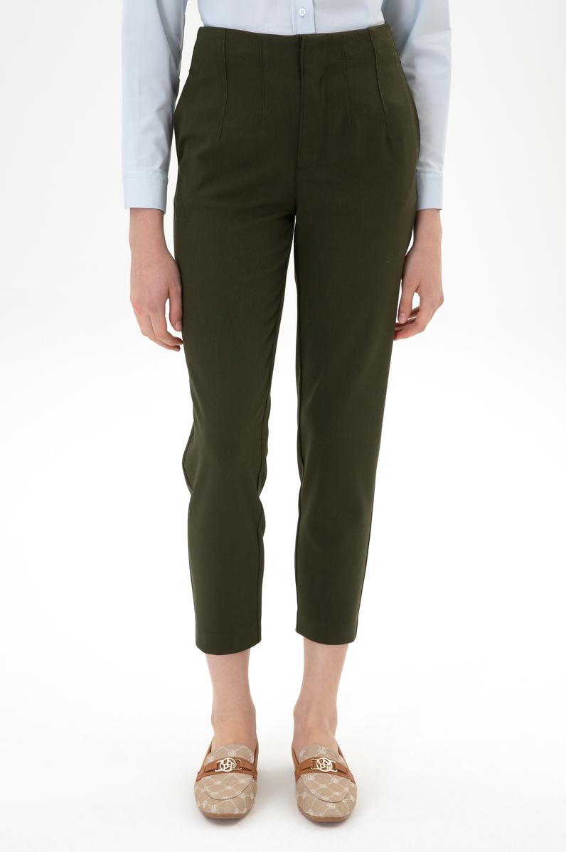 Kadın Haki Carrot High Waist Fit Kanvas Pantolon