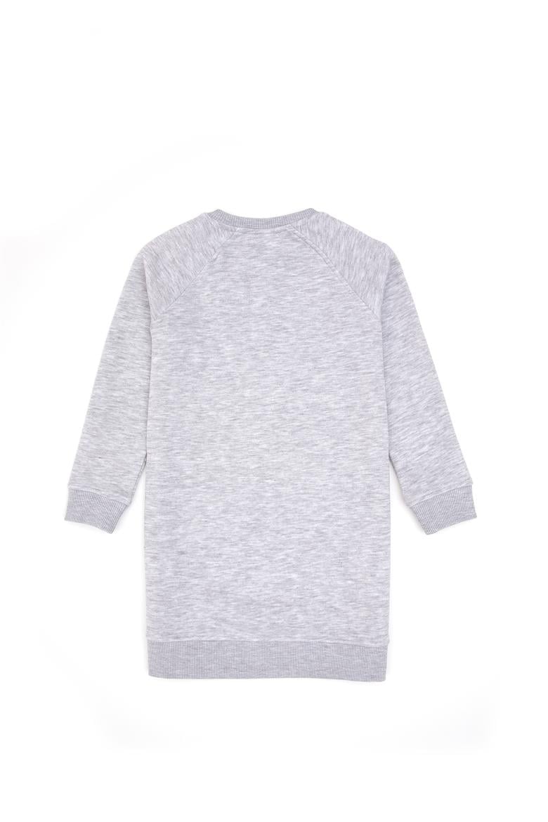 Kız Çocuk Açık Gri Melanj Payet Detaylı Bisiklet Yaka Sweat Örme Elbise - 50314313058