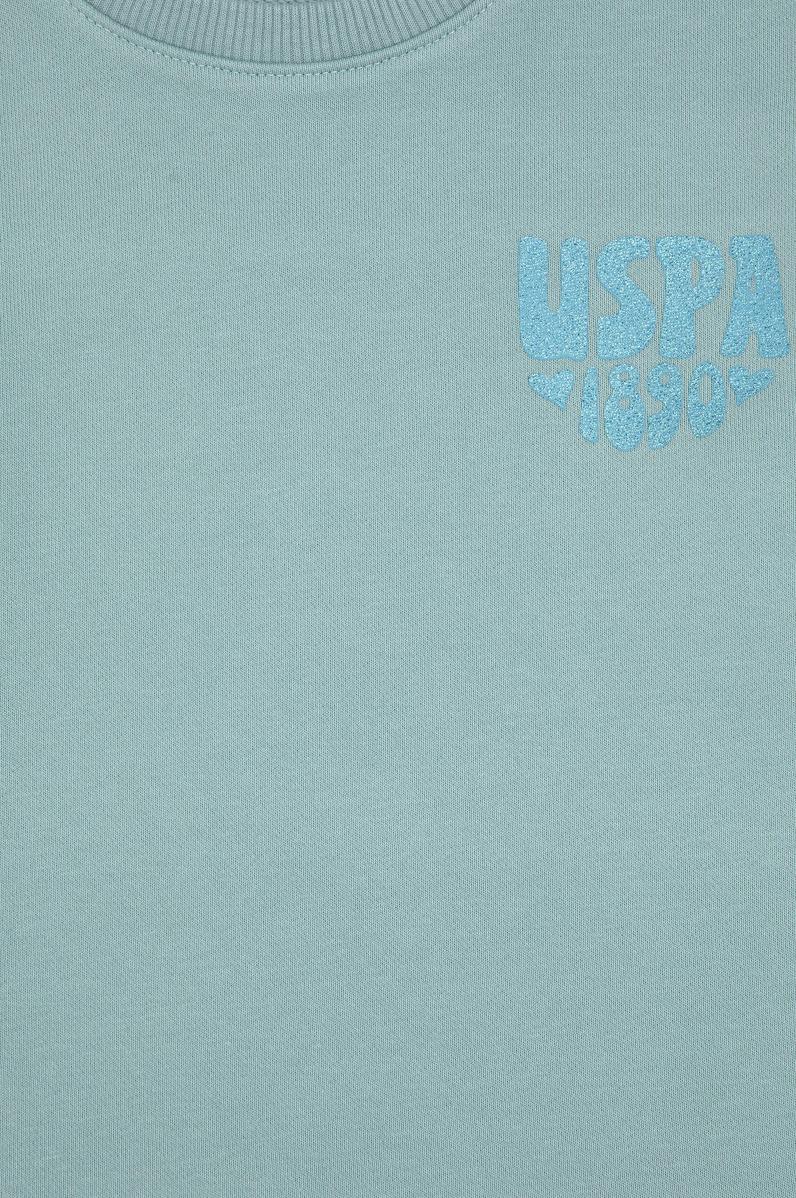 Kız Çocuk Mint Simli Baskı Detaylı Bisiklet Yaka Basic Sweatshirt