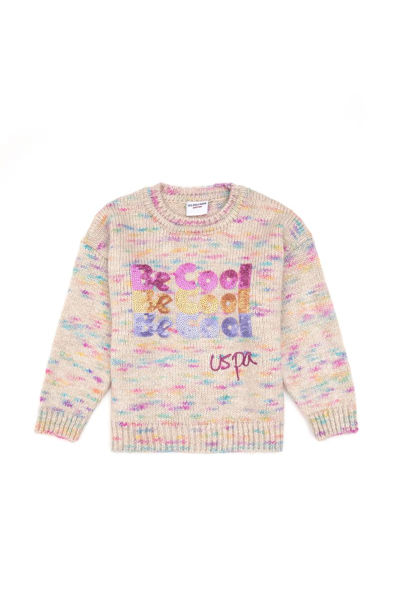 Kız Çocuk Neon Pembe Payet İşlemeli Bisiklet Yaka Kazak