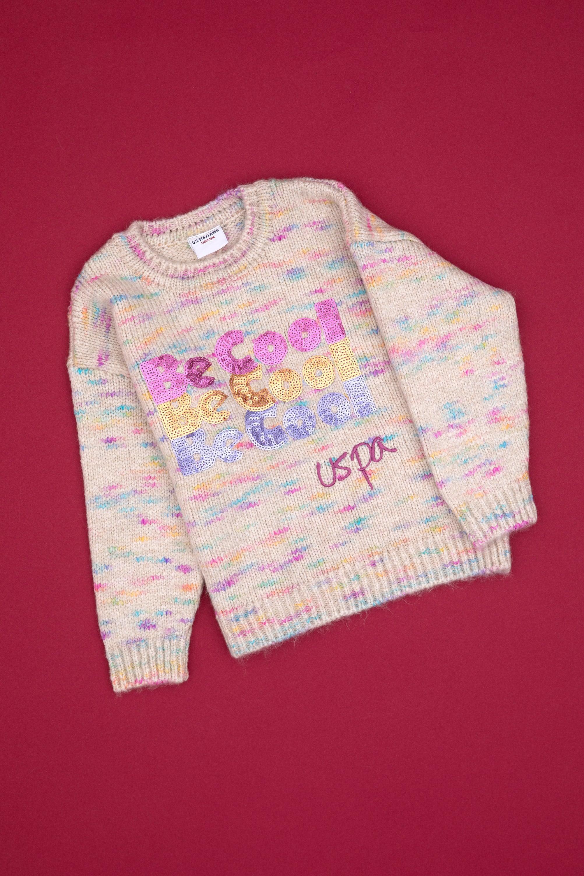 Kız Çocuk Neon Pembe Payet İşlemeli Bisiklet Yaka Kazak - Image 1