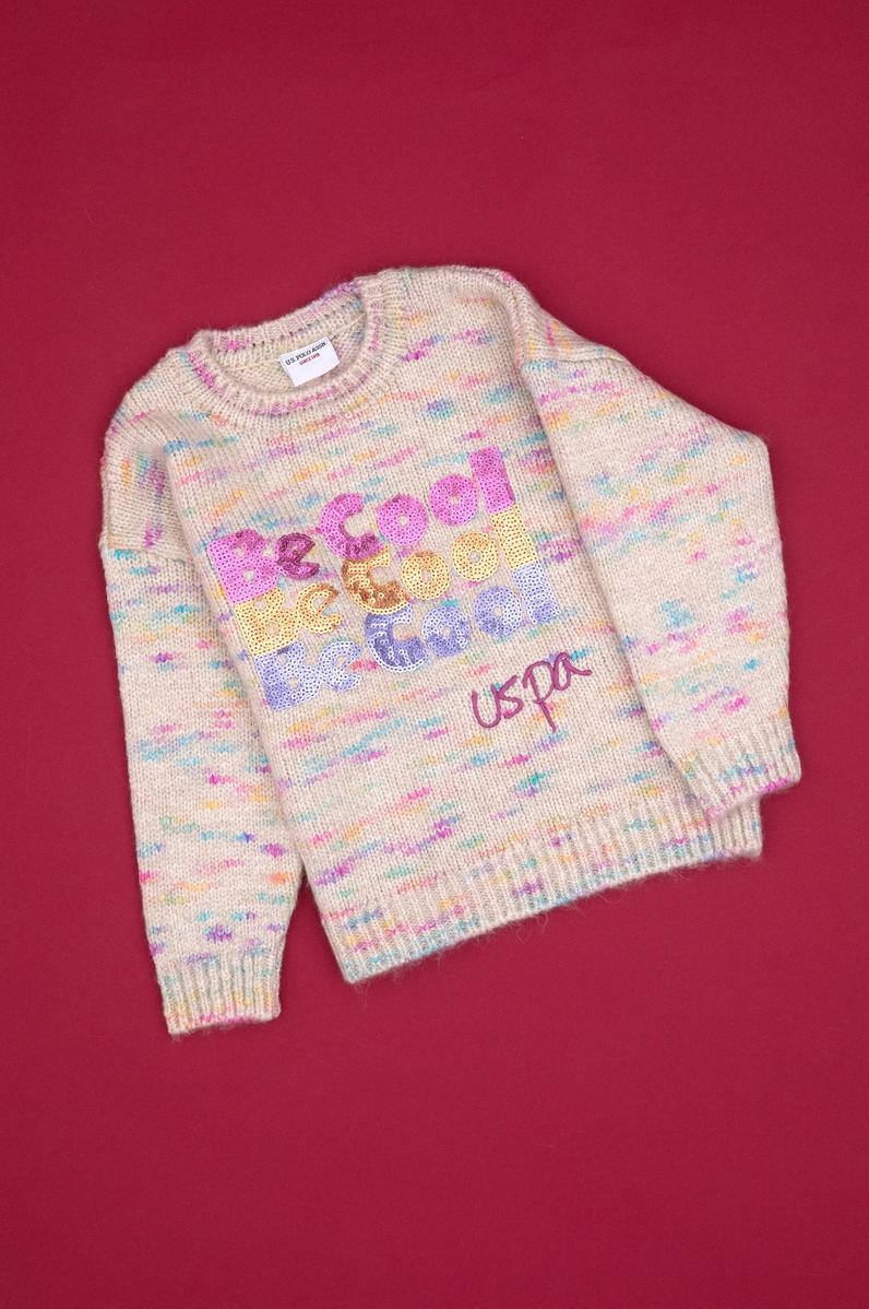 Kız Çocuk Neon Pembe Payet İşlemeli Bisiklet Yaka Kazak