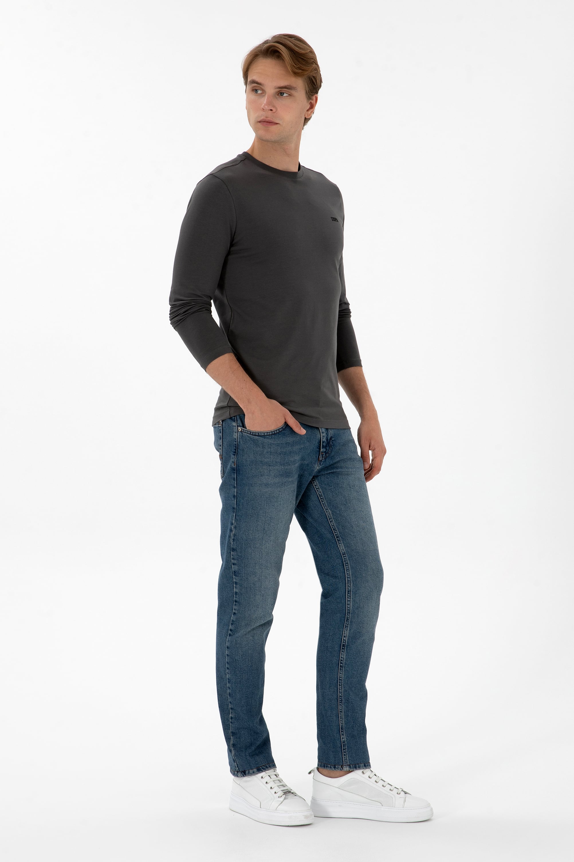 Erkek Slim Fit Bisiklet Yaka Grı Süprem Basic Sweatshirt