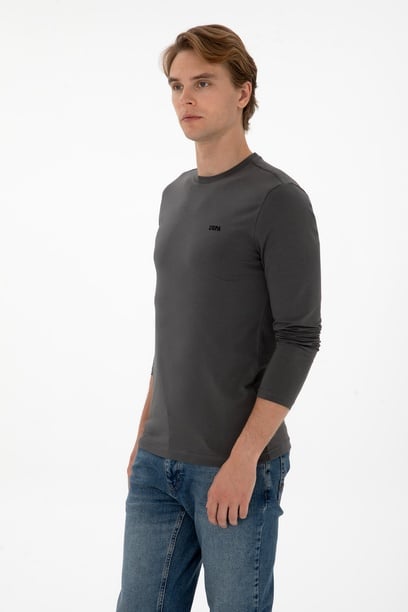 Erkek Slim Fit Bisiklet Yaka Grı Süprem Basic Sweatshirt