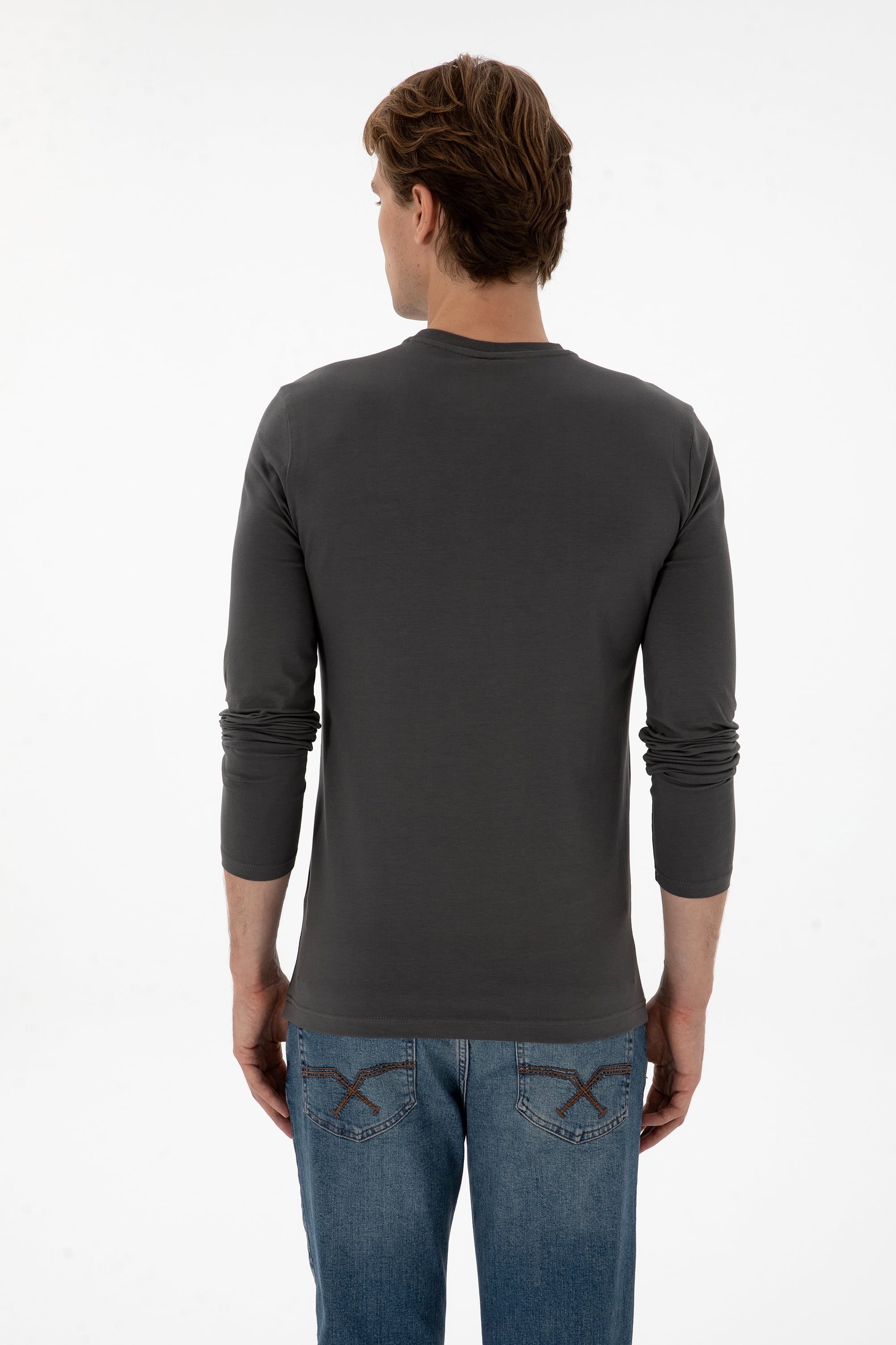 Erkek Slim Fit Bisiklet Yaka Grı Süprem Basic Sweatshirt - Image 5