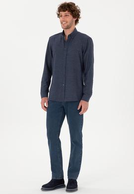 Erkek İndigo Uzun Kollu Basic Gömlek - 50316723145