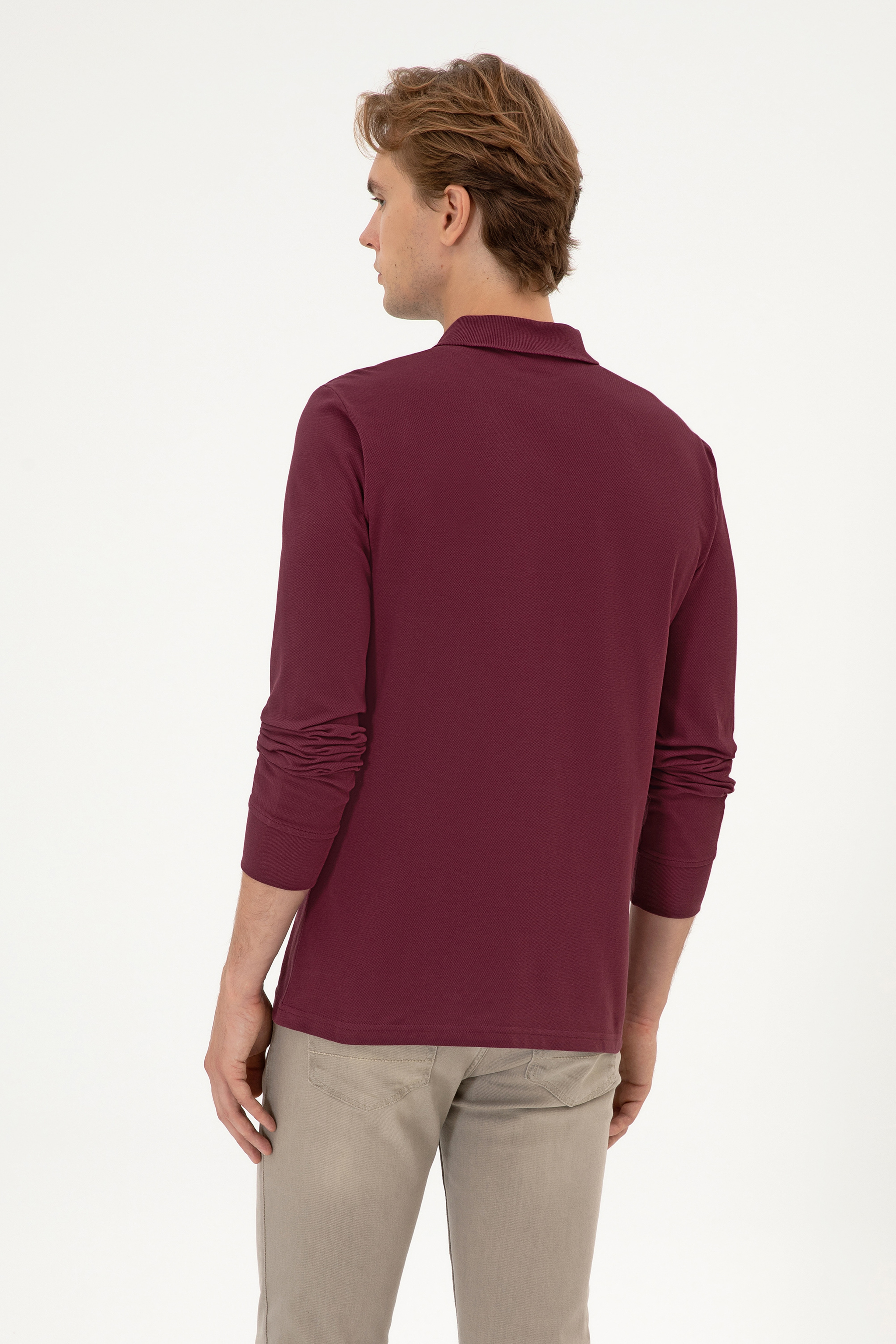 Erkek Regular Fit Polo Yaka Koyu Bordo Basic Sweatshirt - Image 5