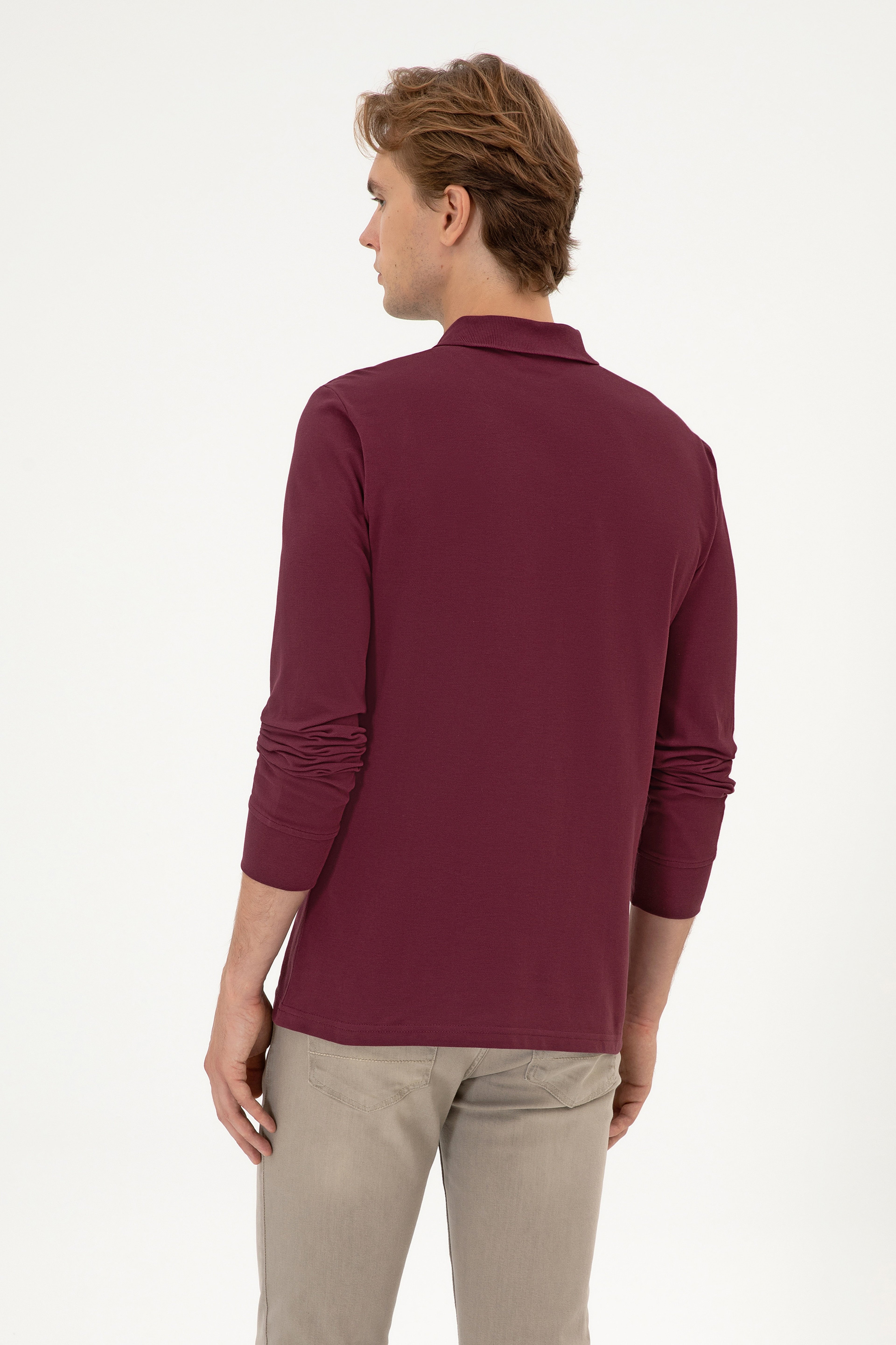 Erkek Regular Fit Polo Yaka Koyu Bordo Basic Sweatshirt