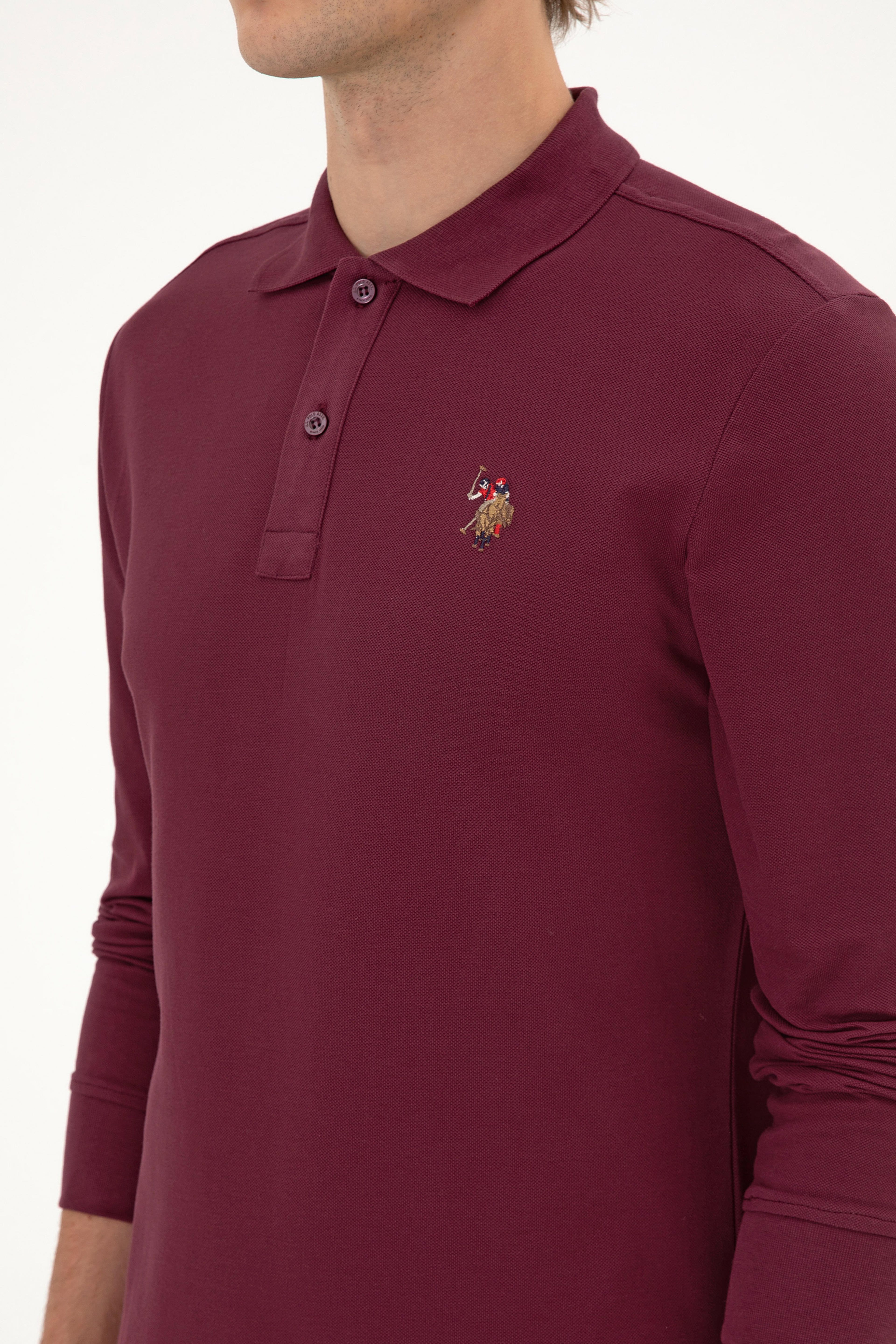 Erkek Regular Fit Polo Yaka Koyu Bordo Basic Sweatshirt - Image 7