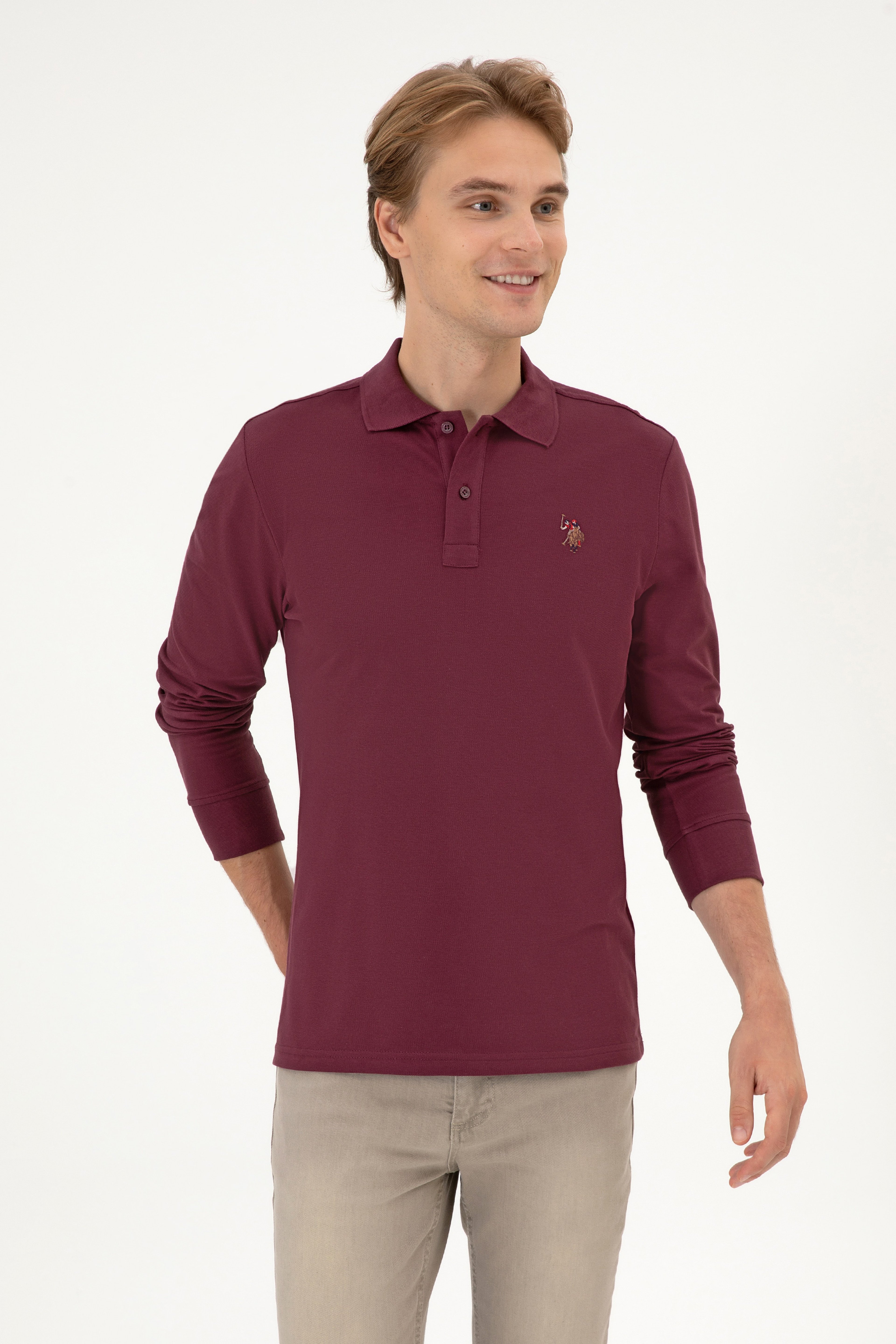 Erkek Regular Fit Polo Yaka Koyu Bordo Basic Sweatshirt - Image 1