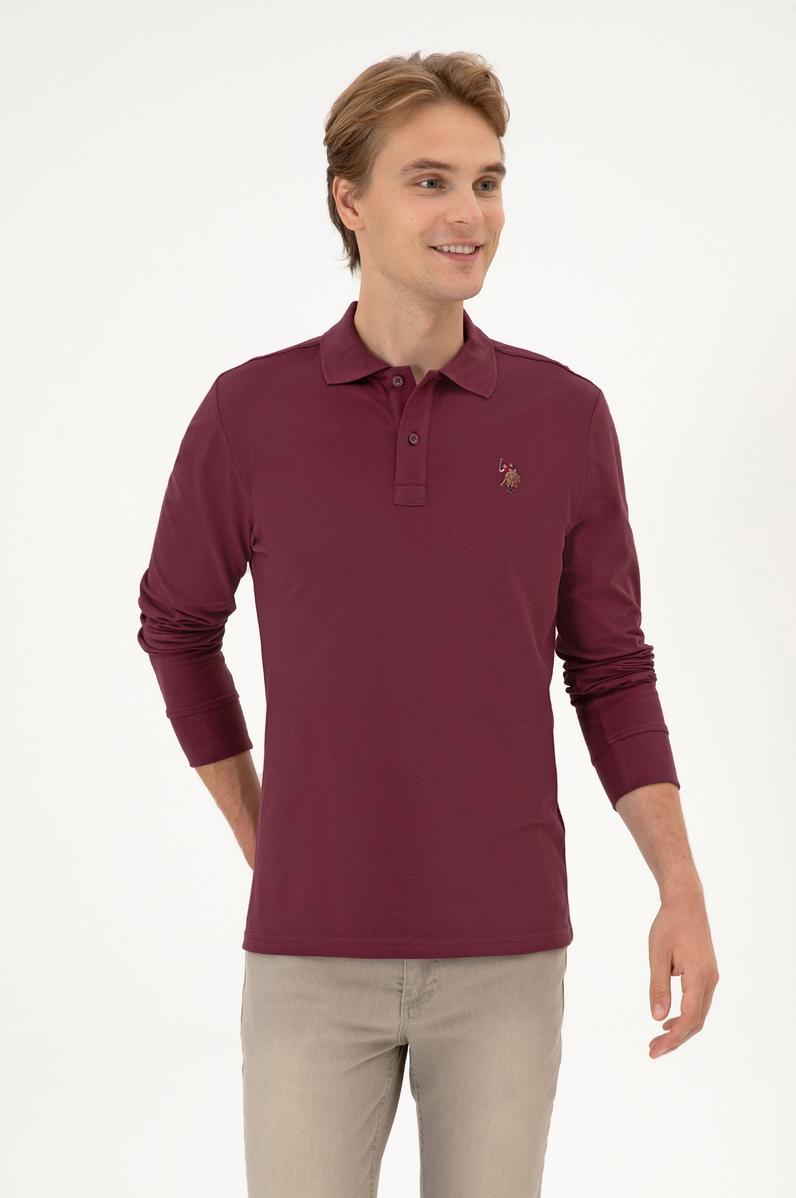 Erkek Regular Fit Polo Yaka Koyu Bordo Basic Sweatshirt