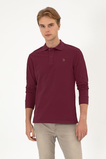 Erkek Regular Fit Polo Yaka Koyu Bordo Basic Sweatshirt
