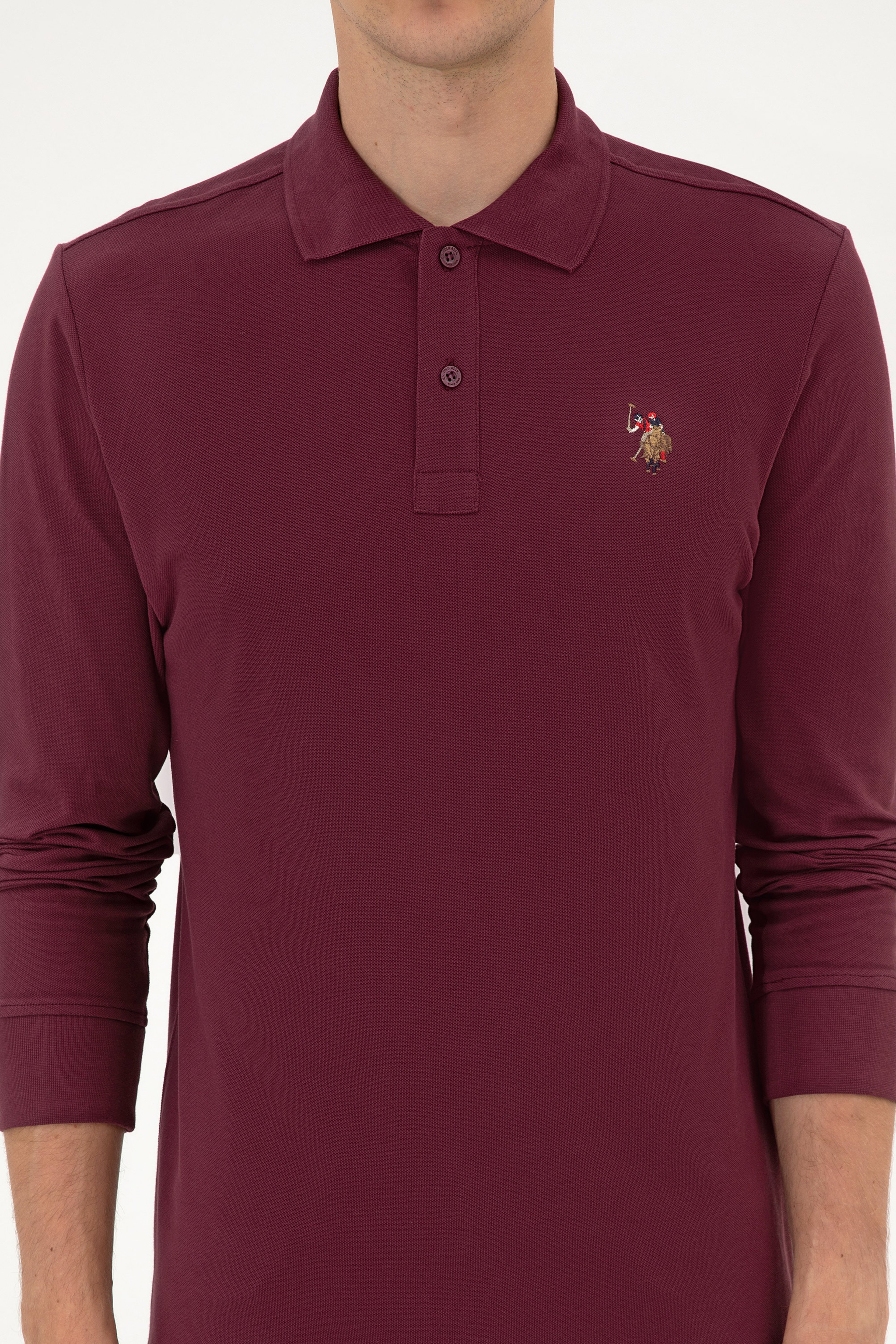 Erkek Regular Fit Polo Yaka Koyu Bordo Basic Sweatshirt