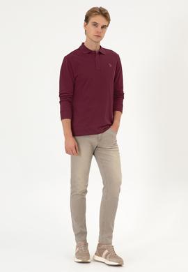 Erkek Regular Fit Polo Yaka Koyu Bordo Basic Sweatshirt - 50313772147